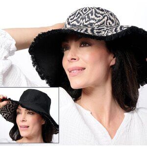 Sprigs Ikat Print Wide Brim Fringe Reversible Hat with UPF 50 OS Black Tan NEW